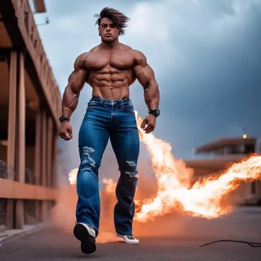 Prompt: A giant muscular catboy bursts from his jeans and shirt, shreds them