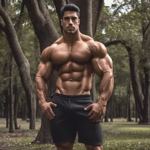 Prompt: Handsome tall muscular Latin Bodybuilder, 20s, ripped, broad shoulders, handsome ,  hyper muscular, giant, extremely muscular, model, masterpiece, perfect, hyper muscular, giant, 60 meters , ripped clothes, torn shirt, rags, huge, oversized man, extremely muscular , extreme size, 90 metres, macro, hyper muscle , giant of a man, trees 