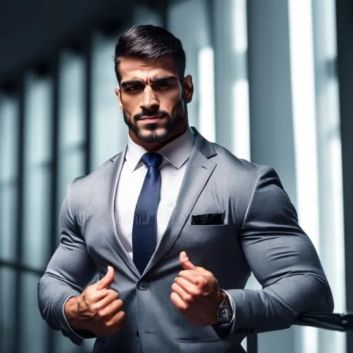 Prompt: Handsome muscular Spanish bodybuilder packed with muscle, wearing a flashy  shiny business suit 