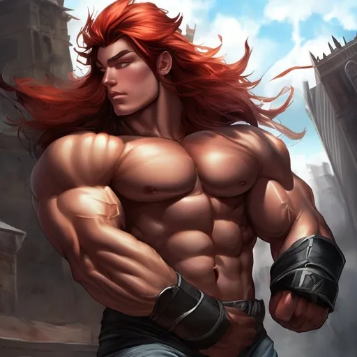 Prompt:  80000-foot-tall muscular handsome hung buff 20 year old superhuman massive redhead giant fills the town, realistic art, hyper muscular, redhead, anime 