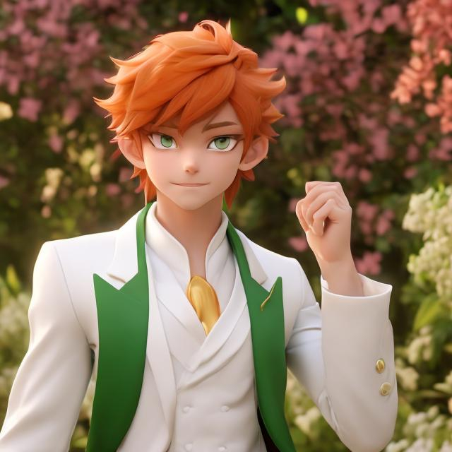 Prompt: A trim, lithe, muscular anime catboy with orange hair and green eyes, squeezed into a formal white tuxedo; his bared fangs show he is not enjoying being confined one bit 