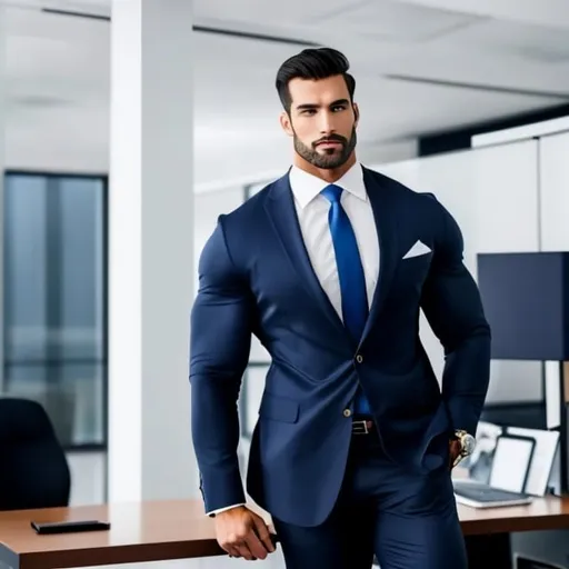 Prompt: A Handsome hyper muscular super tall bodybuilder in a tight business suit 