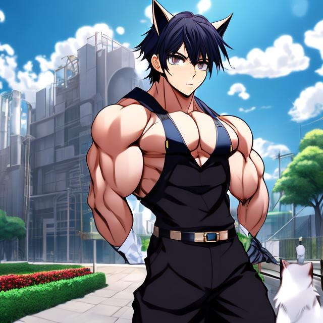 Prompt: (Anime style)A giant  600-foot-tall extremely masculine muscular  handsome catboy bodybuilder ((cat ears, cat tail)) clad in rags looms over a park