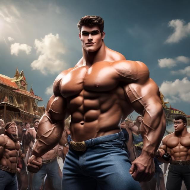 Prompt: 20-foot giant handsome wide  teenage bodybuilder fills town dwarfing other men, crowds space 