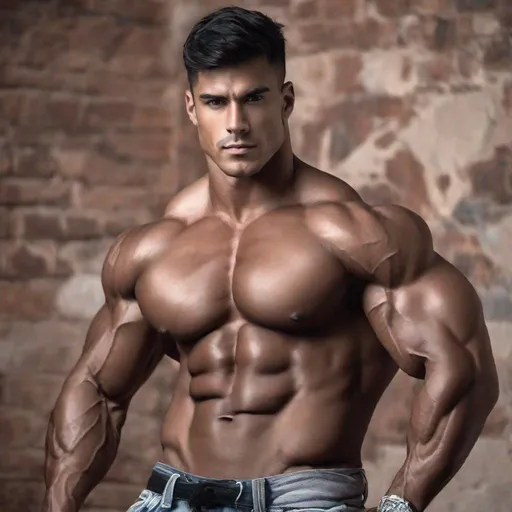 Prompt: Handsome tall muscular Latin Bodybuilder, 20s, ripped, broad shoulders, handsome ,  hyper muscular, giant, extremely muscular, model, masterpiece, perfect, hyper muscular, giant, 60 meters , ripped clothes, torn shirt, rags, huge, oversized man, extremely muscular , extreme size, 90 metres, macro, hyper muscle 