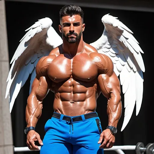 Prompt: Handsomest hyper muscular Spanish bodybuilder packed with muscle, extremely muscular, handsome, godly, hyper giant angel catboy, ripped clothes, giant, extremely muscular, 