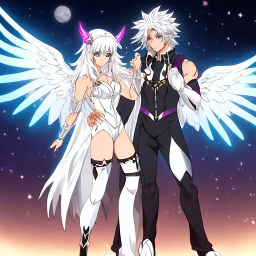 Prompt:  A {white haired, hunky muscular tan anime angel  in a white three-piece suit with white wings} is dancing with a {redheaded, long-haired, muscular anime incubus in a  sparkly black vinyl jumpsuit with black bat wings}in {a disco}; anime style 
