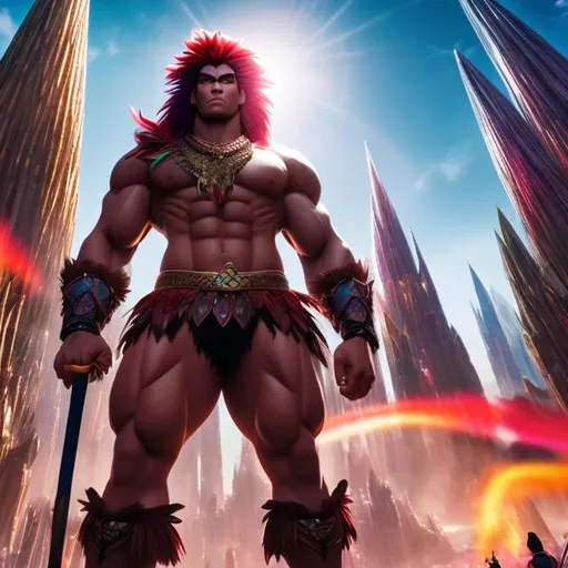 Prompt: Huge ripped 600-foot-tall beefy muscular giant; rainbow multicolored hair; extremely masculine muscular anime body: tight red fur loincloth; pointed ears; crystal spire city 