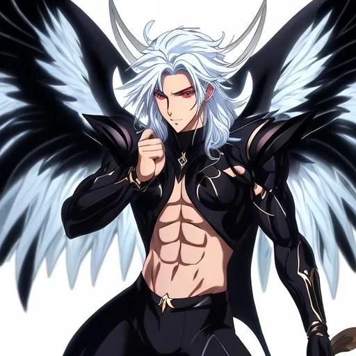 Prompt:  A white-suited, white haired, hunky muscular tan anime angel with White wings is dancing with a redheaded, long-haired, muscular anime incubus with black bat wings in a black vinyl outfit in {a disco}; anime style 