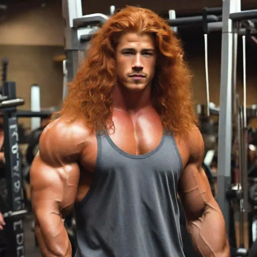 Prompt: An extremely muscular, long-haired redhead Bodybuilder giant, facial features a mix between Nick Jonas, Fabio,and Brad Pitt, body larger than Greg Kovacs, 40 feet tall,mane, giant, fills room, extreme muscle, explode with muscle 