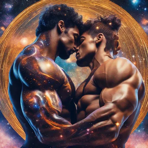 Prompt: A universe in the shape of two extremely muscular Bodybuilders embracing, kissing, filled with stars and galaxies and planets 