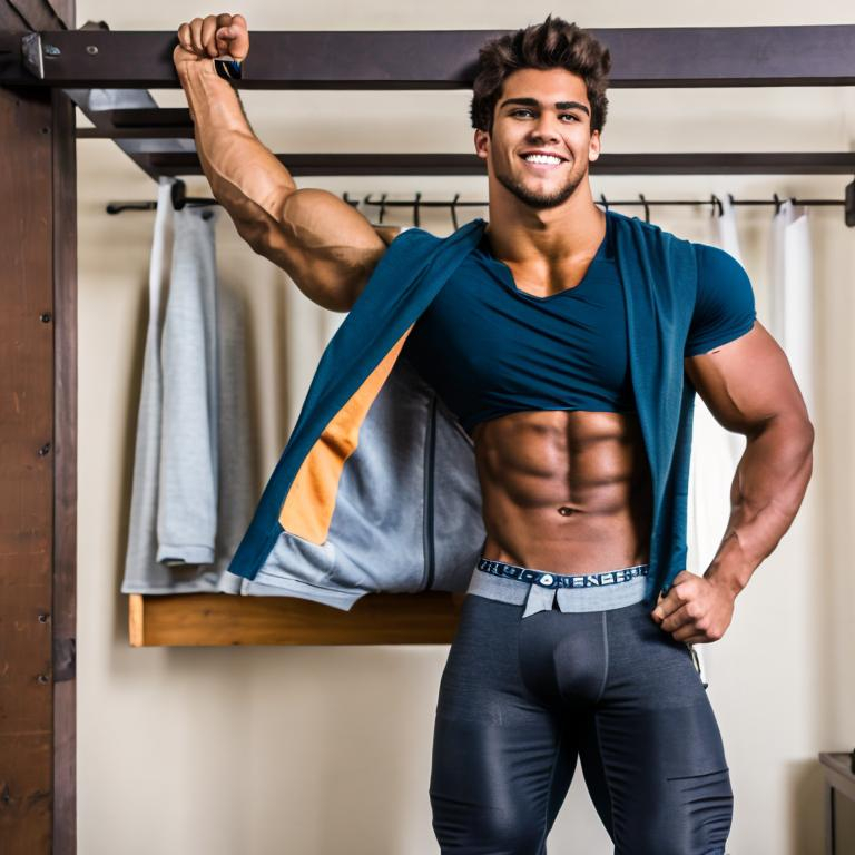 Prompt: Huge ripped teenage giant superhuman 20 foot handsome well-hung bodybuilder hyper muscular giant  fills frame , smile , tight clothes, packing , looms over other men, fills room,