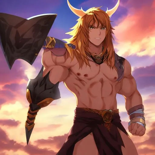 Prompt: Huge ripped muscular hunky anime catboy ears tali stud with colorful hair giant sword loincloth barbarian action scene dog ears cat ears behemoth 