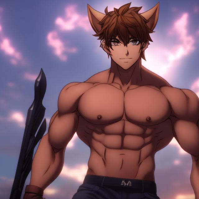 Prompt: Huge ripped beefy muscular anime catboy stud with claws;animal ears,