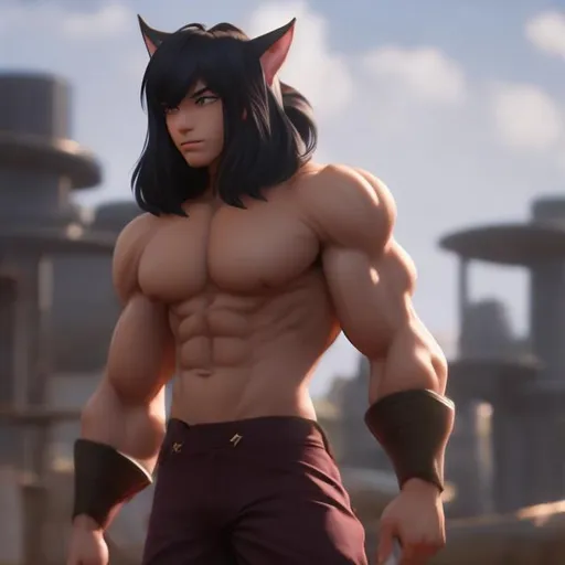 Prompt: A giant muscular catboy ((cat tail and ears)) in rags 