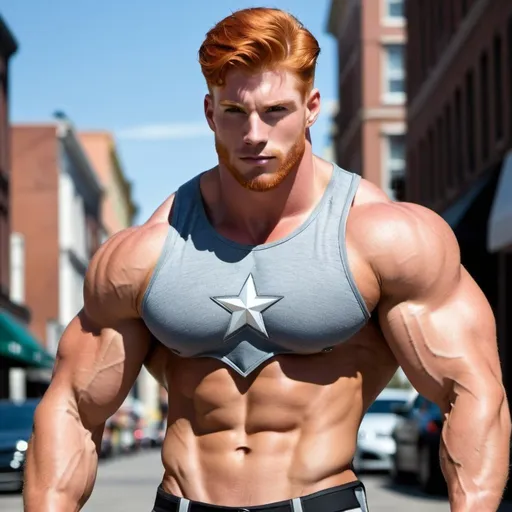 Prompt:  80000-foot-tall muscular handsome hung buff 20 year old superhuman massive redhead giant fills the town, realistic art, hyper muscle,