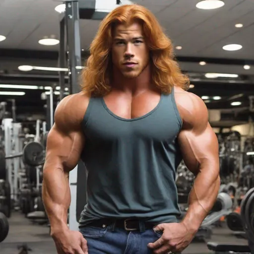 Prompt: An extremely muscular, long-haired redhead Bodybuilder giant, facial features a mix between Nick Jonas, Fabio,and Brad Pitt, body larger than Greg Kovacs, 40 feet tall mane, giant, fills room 