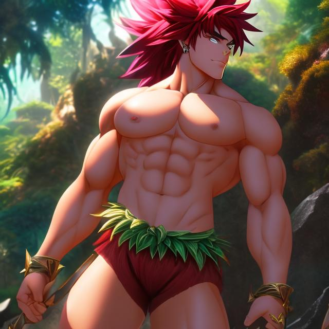 Prompt: Huge ripped  50 foot beefy muscular giant; rainbow multicolored hair; extremely masculine muscular anime body: tight red fur loincloth; pointed ears; crystal jungle 