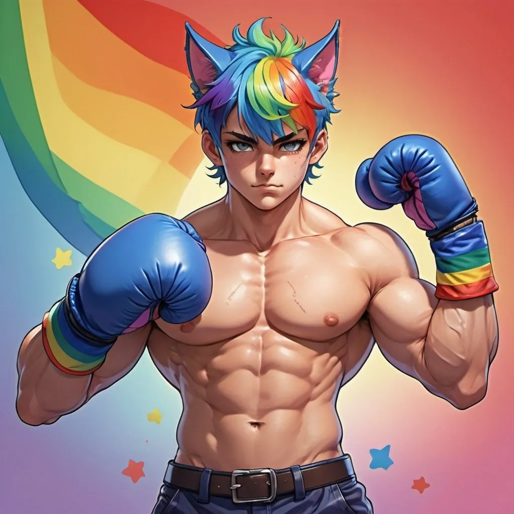 Prompt: Huge ripped beefy muscular catboy stud with boxing gloves;anime animal ears; elemental punch;  boxing gloves matching ; big package , well-hung, along rainbow hair to shoulders; cravat, giant, 