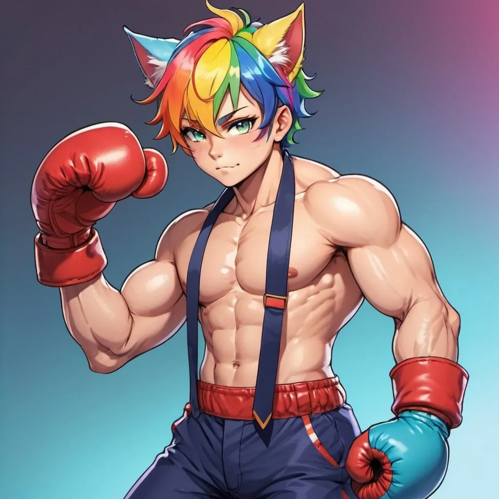 Prompt: Huge ripped beefy muscular catboy stud with boxing gloves;anime animal ears; elemental punch;  boxing gloves matching ; big package , well-hung, along rainbow hair to shoulders; cravat, giant, 