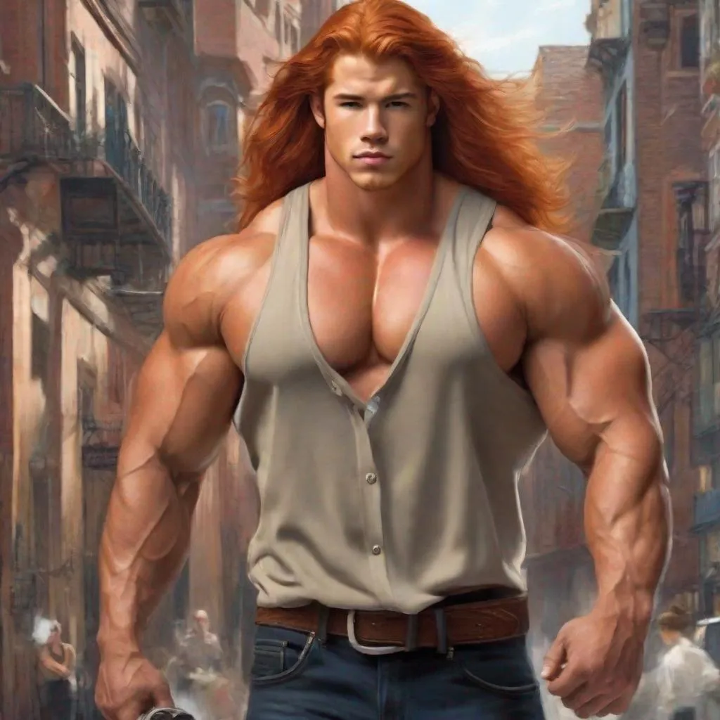 Prompt: An extremely muscular, long-haired redhead Bodybuilder giant, facial features a mix between Nick Jonas, Fabio , and Danila Polyakov ,body larger than Greg Kovacs, 400 feet tall mane, giant, fills town