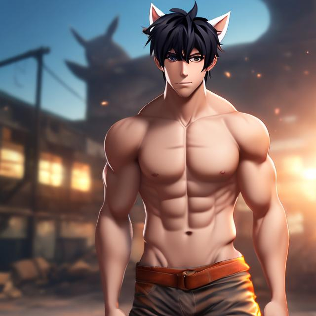 Prompt: Huge ripped cat boy  hunky stud anime animal ears muscular body; rags; tail