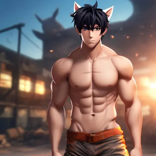 Prompt: Huge ripped cat boy  hunky stud anime animal ears muscular body; rags; tail