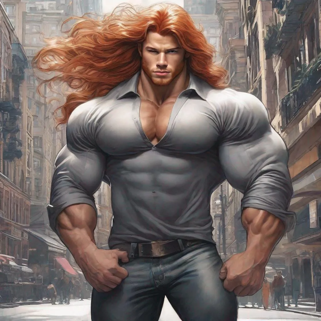 Prompt: An extremely muscular, long-haired redhead Bodybuilder giant, facial features a mix between Nick Jonas, Fabio , and Danila Polyakov ,body larger than Greg Kovacs, 400 feet tall mane, giant, fills town