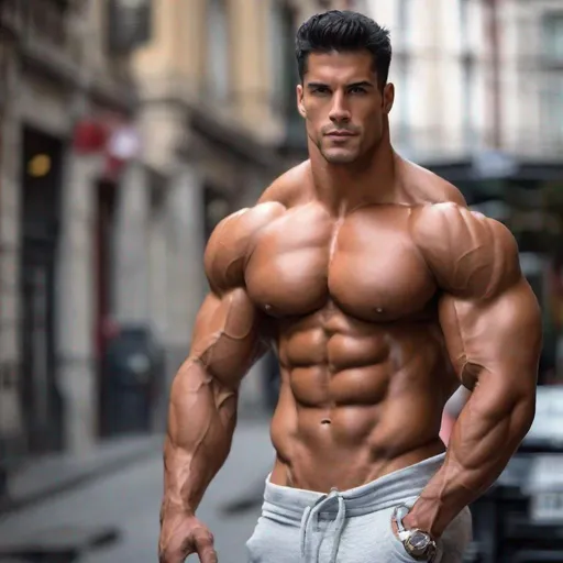 Prompt: Handsome tall muscular Latin Bodybuilder, 20s, ripped, broad shoulders, handsome ,  hyper muscular, giant, extremely muscular, model, masterpiece, perfect, hyper muscular, giant, 60 meters , ripped clothes, torn shirt, rags, huge, oversized man, extremely muscular , extreme size, 90 metres, macro, hyper muscle 