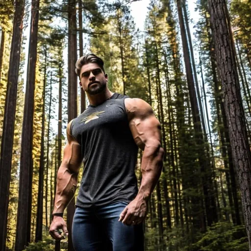 Prompt: 20-foot giant handsome wide  teenage bodybuilder fills woods dwarfing other men, crowds space 