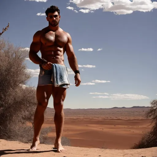 Prompt: Huge ripped cat boy ; 600-foot-tall  hunky stud giant muscular body; rags; desert