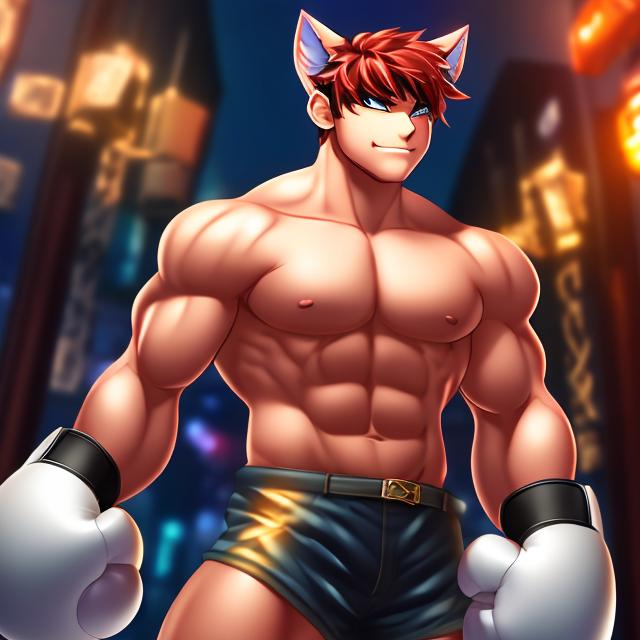 Prompt: Huge ripped beefy muscular catboy stud ;anime animal ears; elemental punch  boxing gloves big package hung 