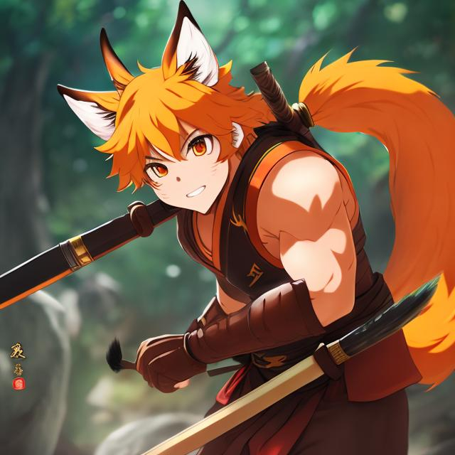 Prompt:  anime kitsune hunk, orange hair, fox ears, cute handsome teenage wielding a giant calligraphy brush, muscular, barbarian, wu jen, war fan