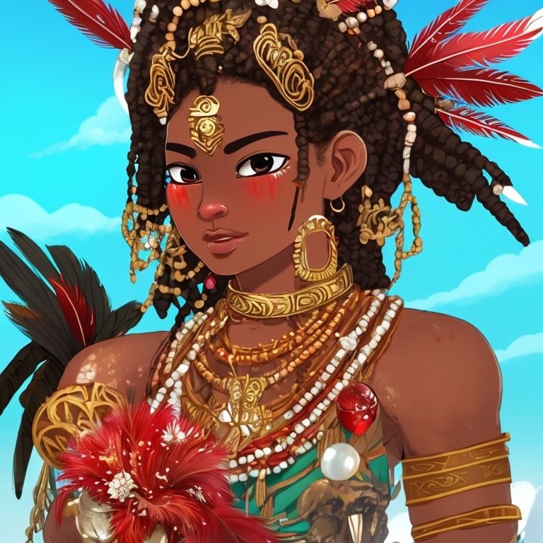 Prompt: She has gold brown skin a male pacific island warrior, wears red white black and green feathers with round crystal mirror in the middle and seashells and beads on the side.  Wears red hibiscus on her right ear wears a red Sargon with hibicus flowers. He is tall, athletic wears red hibiscus sarong and red palm nuts necklace.