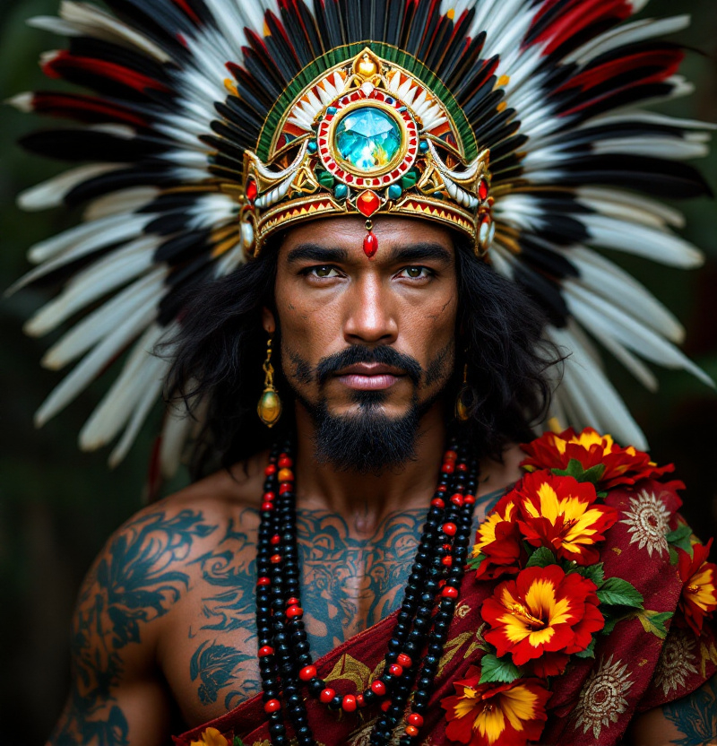 Prompt: He is brown skin, black hair, crown on his head made of white, red, black and green feathers with a round cystal in the middle with colourful beads on the side.  Polynesian tribal tattoos over his shoulders and arms, chest.  And he wears red coloured palm nut beads around his neck,  red yellow hibiscus flower sarong around his waist.
