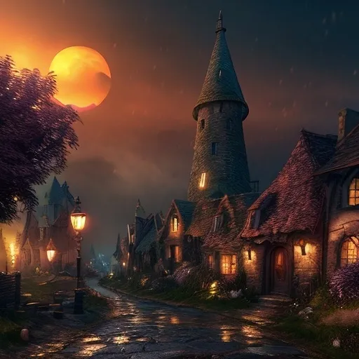 Prompt: (fantasy town), single rundown windmill in the distance, dusk lighting, (warm tones), (mystical atmosphere), cozy yet eerie feeling, candle-lit street lamps, cobblestone streets, medieval architecture, charming weathered buildings, ivy covered walls, (vibrant sunset sky) casting an orange and purple glow, serene yet mysterious mood, lush trees surrounding the town, light fog, ultra-detailed, 4K, high definition.