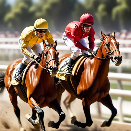 Prompt: <image>Two jockeys racing on horseback, one is wearing a red shirt and the other a yellow shirt. The horses are WHITE and the background is blurred with motion lines. The jockey on the left is leaning forward and the jockey on the right is looking back. The horses are running fast and the jockeys are in mid-air. Photorealistic, cinematic lighting,