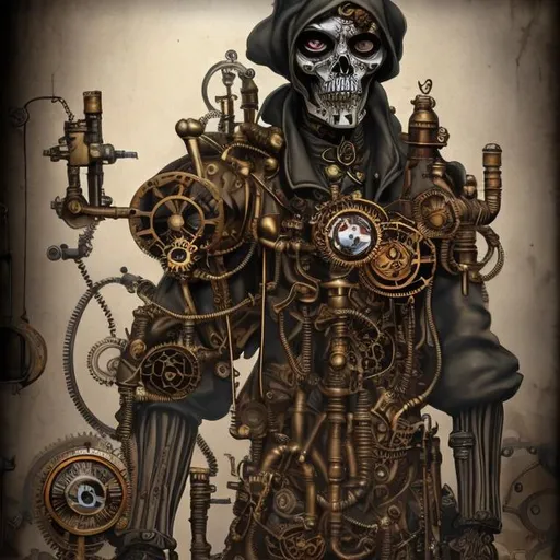 Prompt: Steampunk grim reaper, brass and copper materials, vintage mechanical details, high quality, detailed illustration, tattoo style