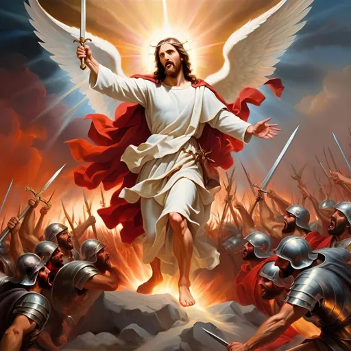 Prompt: Strong and powerful Jesus Christ waging war on the devil and his army, epic battle scene, high quality, realistic painting, dramatic lighting, intense expression, radiant aura, divine armor, dynamic composition, heavenly glow, victorious and triumphant, godly strength, detailed, oil painting, dramatic, angelic light, powerful stance, majestic, intense colors, heavenly forces, divine victory