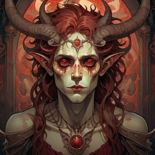 Prompt: Detailed anime illustration of a grotesque undead half-elf with horns and red skin, professional, high-res, digital art, dark academia, fantasy art, intricate details, dark fantasy, detailed eyes, atmospheric lighting, intricate design, detailed facial features, haunting presence, eerie atmosphere, dark color tones, fantasy setting