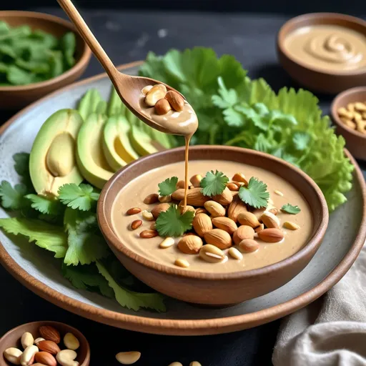 Prompt: Close-up of a creamy keto peanut sauce (cacahuete sauce) in a rustic ceramic bowl. The sauce has a rich, golden-brown color with visible flecks of crushed peanuts. A wooden spoon rests on the side of the bowl, dripping with the thick sauce. Fresh cilantro leaves and sliced red chili peppers are scattered around for garnish. In the background, whole roasted peanuts and a small dish of coconut aminos are visible. The lighting is warm and inviting, emphasizing the smooth texture of the sauce. The overall composition suggests a low-carb, high-fat keto aesthetic. The keto peanut sauce is being drizzled over a plate of grilled chicken skewers and fresh lettuce leaves and chou chinois, showcasing its versatility in low-carb dishes