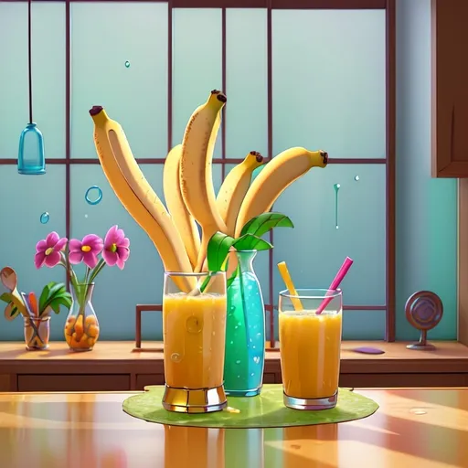 Prompt: (glass of banana juice), vibrant colors, refreshing ambiance, sunlight streaming through a window, a kitchen background with wooden accents, droplets of condensation on the glass, bright and cheerful atmosphere, ultra-detailed, full of life, inviting, capturing the essence of a sunny morning, high quality.