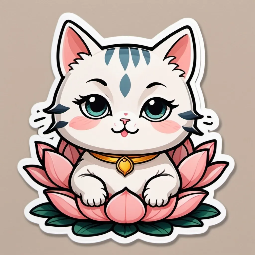 Prompt: a cute kawaii chibi cartoon cat with big clear eyes meditating with boddhisatva pose above a lotus