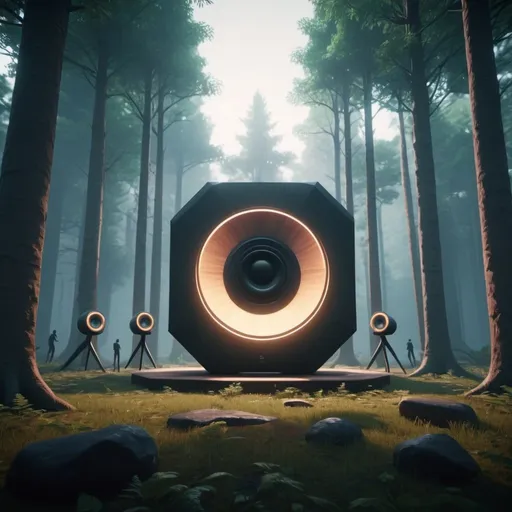 Prompt: 30th century minimalism. a mysterious forest with a  big sound system and speakers playing music for a group of dancing friends, high quality, unreal engine
