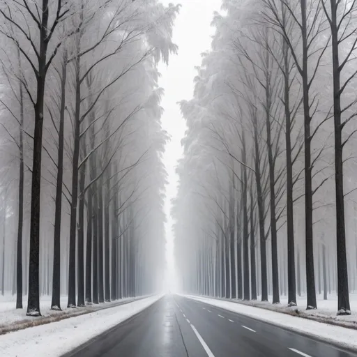 Prompt: Make a picture of a landscape of a very long street with many tall trees on its sides, showing the weather in winter beautifully.