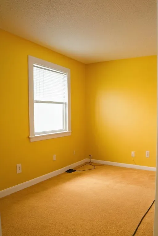 Prompt: Room with yellow walls stained carpet and florescent lights