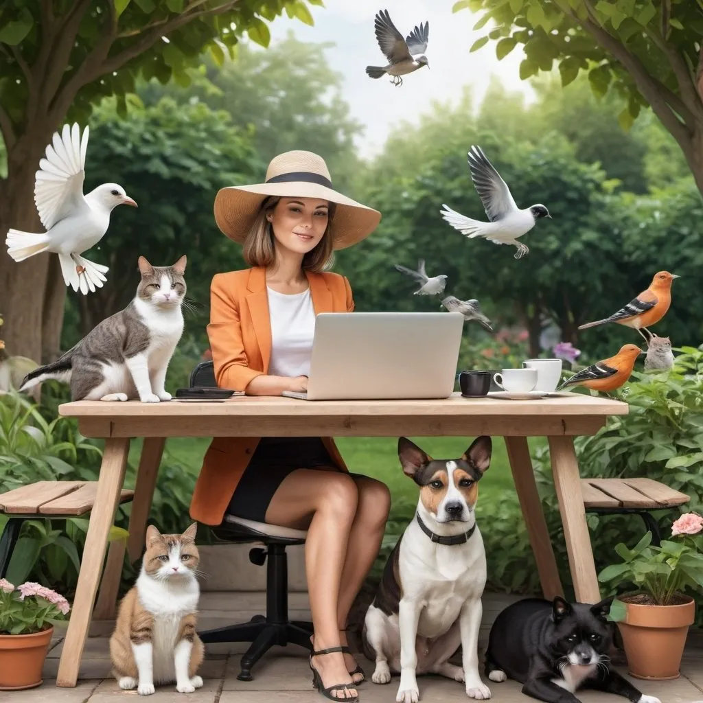 Prompt: desk with laptop, office in the garden woman with the hat on the head sitting on the table with the coffee cup, dog and cat sitting next to hear, birds are flying