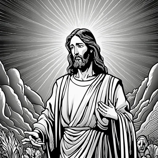 Prompt: Require a line art black and white illustration depicting biblical themes with elements of Jesus, light, including foreground and background, with intricate line details, and complete contouring for the portrayal.