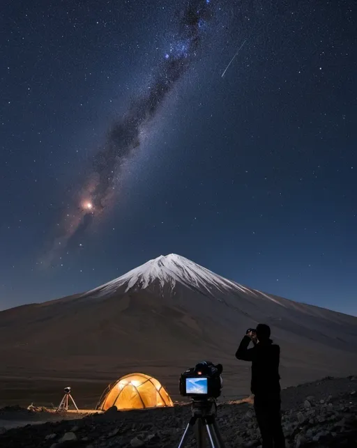 Prompt: A view of the starry sky above Mount Damavand in Iran, where two or three meteors can be seen. Five astronomers are observing the stars with a telescope on the slopes of Mount Damavand, and two photographers are photographing the night sky with a camera on a tripod. In the distance, a hotel can be seen on the slopes of Mount Damavand.