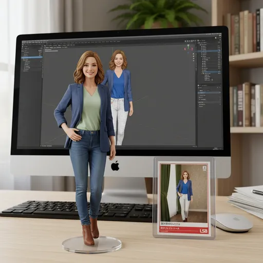 Prompt: This photograph features a realistic 3D figurine of a smiling woman standing on a clear circular base on a wooden desk. The figurine has light brown hair, wears a blue blazer over a light green shirt, and blue jeans with brown shoes. Behind the figurine, a large Apple iMac computer screen displays a digital 3D modeling software interface with a wireframe model of the same woman in a blue jacket, white pants, and a blue top. To the right of the figurine, there is a boxed collectible card with a photograph of the same woman walking down a hallway with green curtains and beige walls. The card has a red and white border with Japanese text and an "LSB" logo. The desk also holds a black keyboard and a white mouse. In the background, a bookshelf filled with books and a green potted plant add to the room's cozy, academic atmosphere. The image is well-lit with natural light, highlighting the details and textures of the figurine, the computer screen, and the surrounding objects. The overall style is a blend of realistic photography and digital 3D art, showcasing the process of digital modeling and its physical representation.